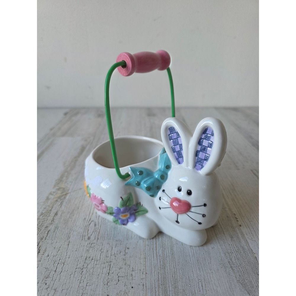 Vintage palm tree rabbit ceramic basket Easter Bunny flowers country folk spring